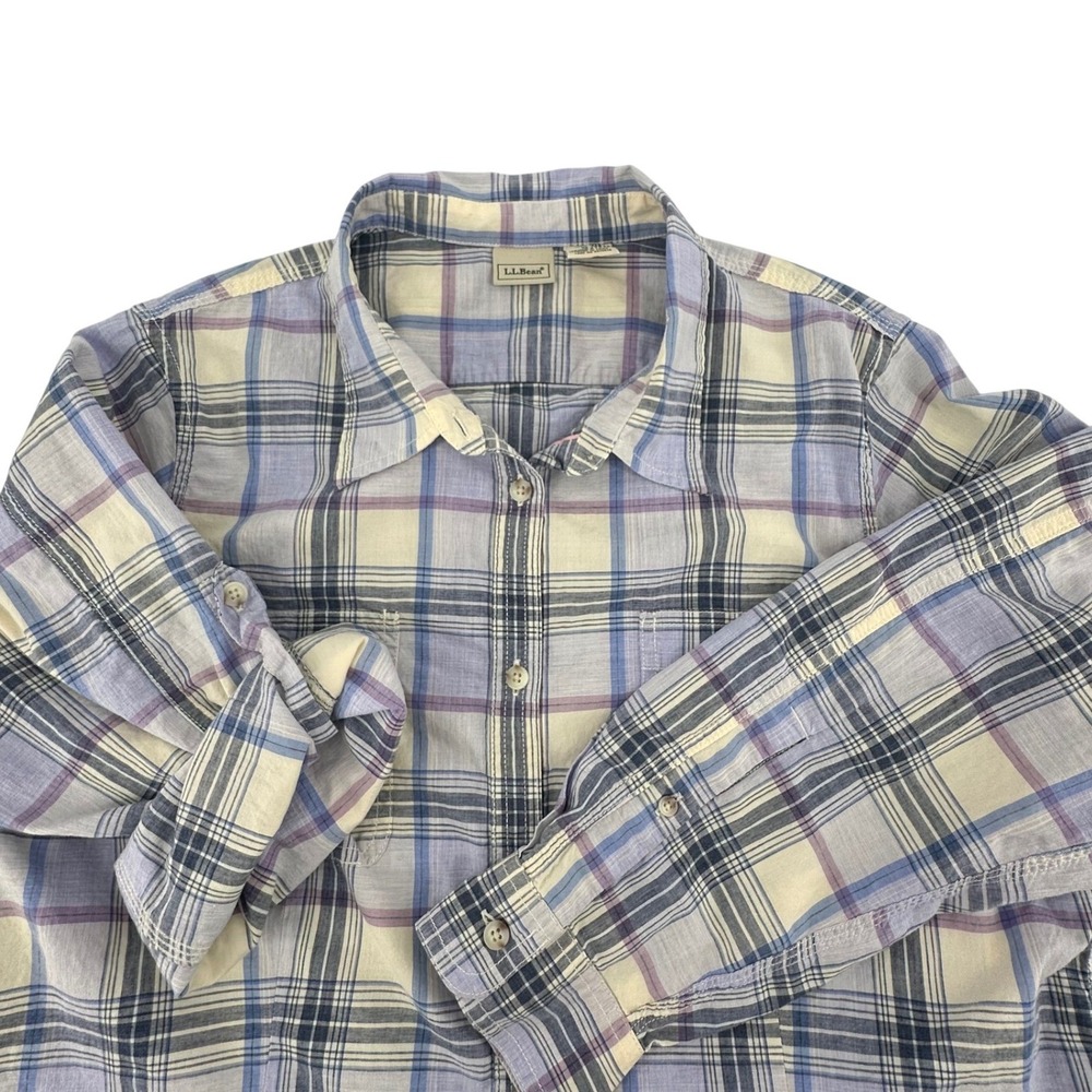 L.L. Bean Button Up Shirt Womens XL Blue Plaid Roll-Tab Sleeve Preppy Cotton